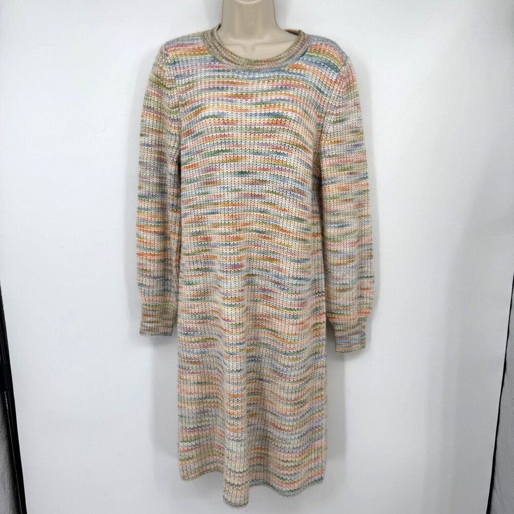 LOFT Wool Blend Sweater Dress Multicolor Pastels Crew Neck Soft Midi woman’s siz